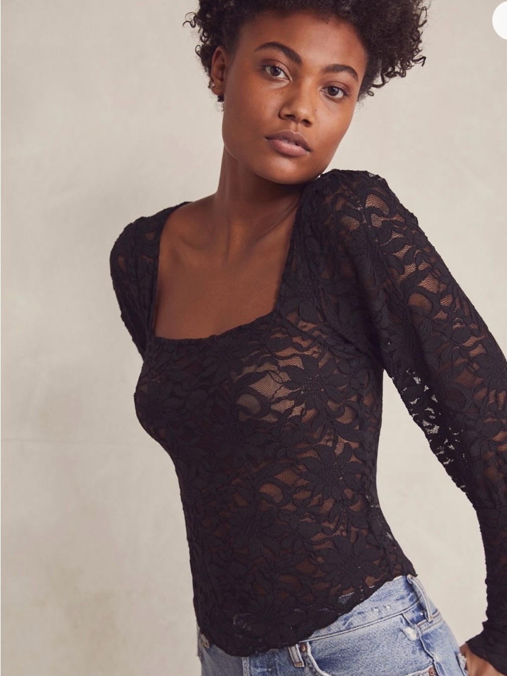 Free People Deep Green Floral Lace Long Sleeve Top